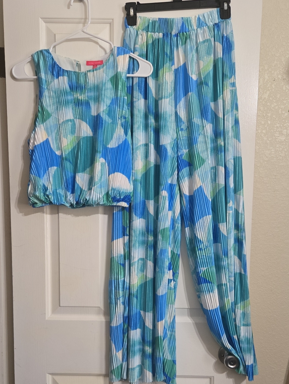 Flying Tomato Blue, White & Green Pleated Two-Piece Jumpsuit Set